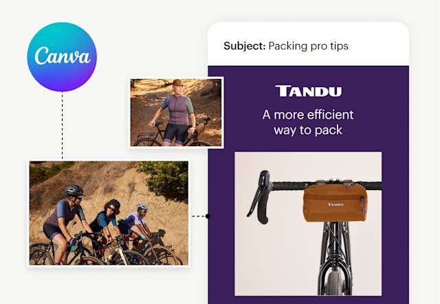 Email mockup featuring cyclists and a storage bag on a bicycle handlebar, with a Canva logo.
