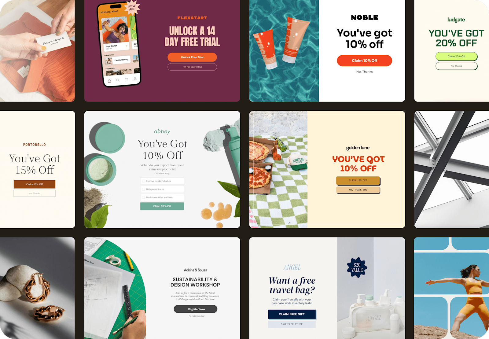 Collection of promotional popup designs showing various discount offers and calls-to-action in different styles and layouts