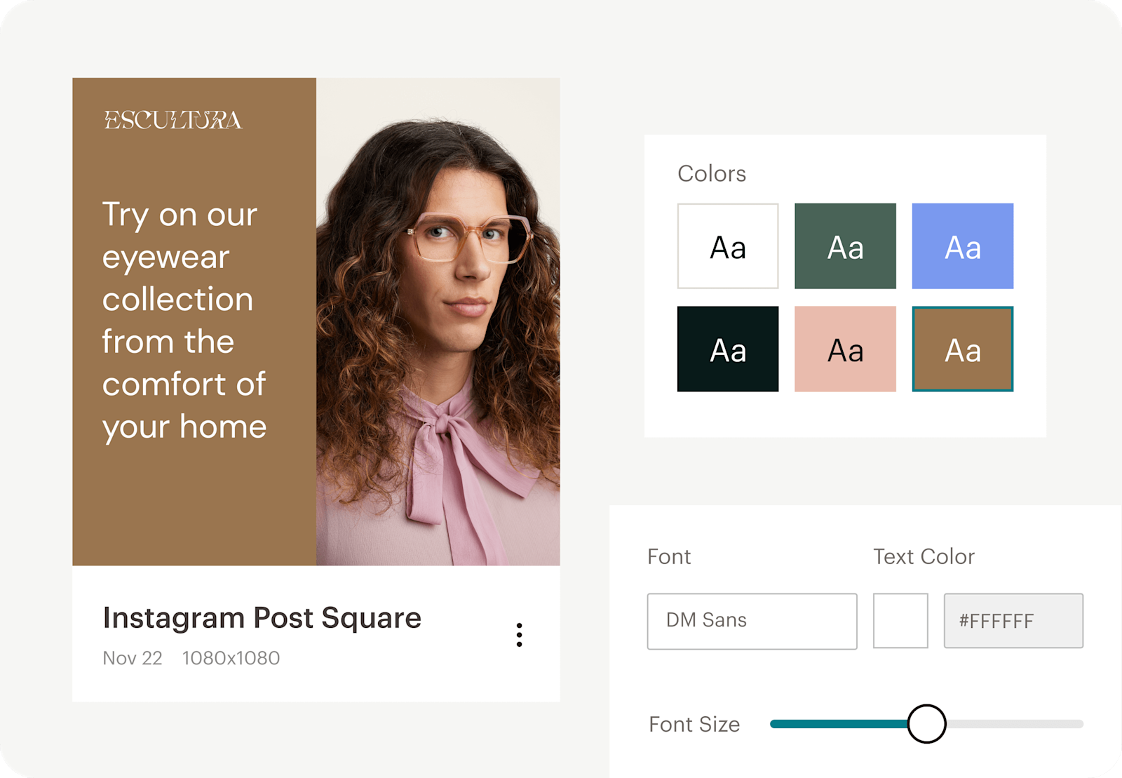 Image of an abstract representation of Mailchimp's Creative Assistant feature, showcasing floating brand kit elements including a color palette and font characteristics. The visual demonstrates how users can efficiently create cohesive and branded content at scale using the integrated design tools provided by Mailchimp.