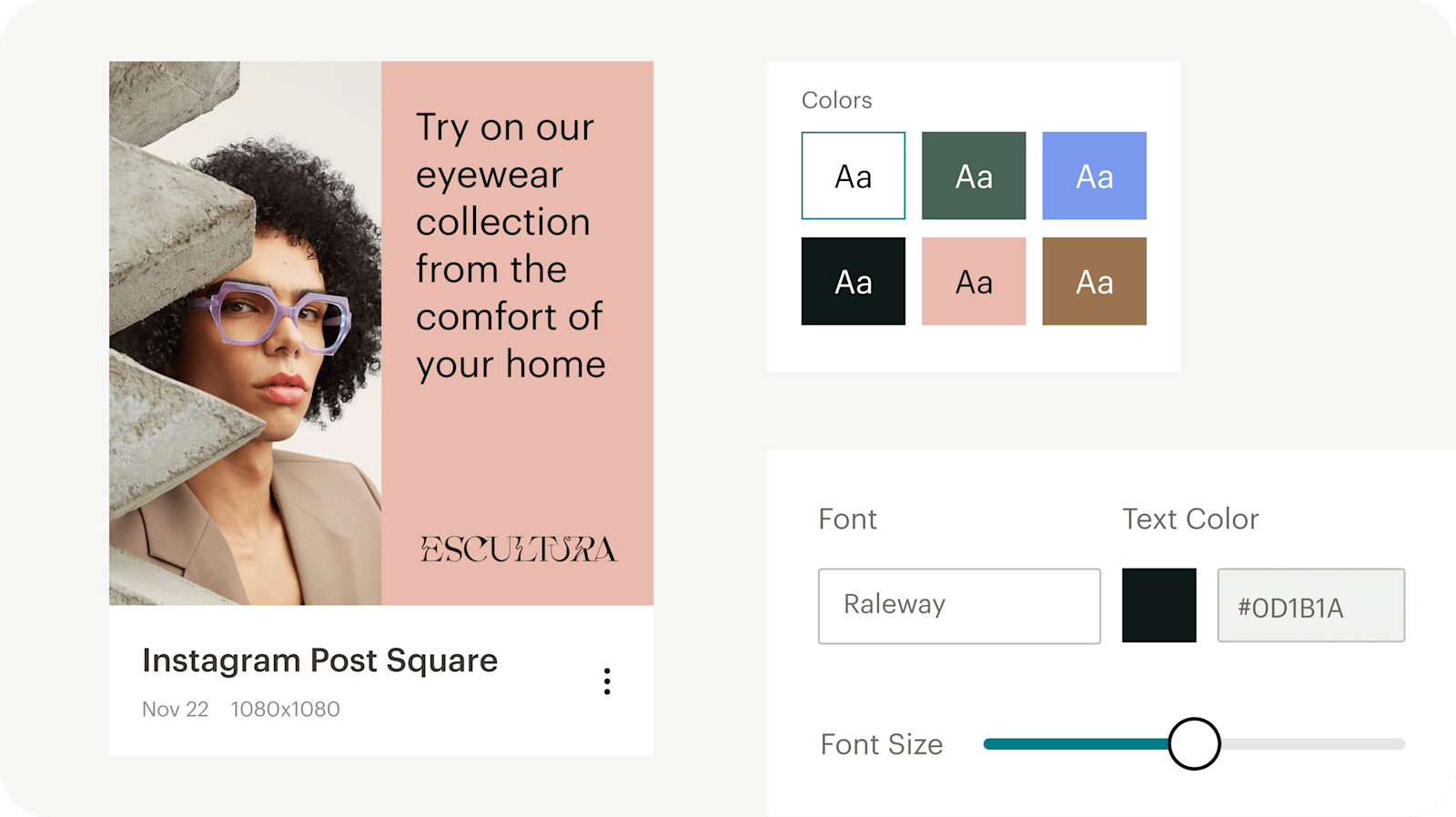 Image of an abstract representation of Mailchimp's Creative Assistant feature, showcasing floating elements of a generated Instagram post, and imported brand kit elements including a color palette and font characteristics. The visual demonstrates how users can efficiently create cohesive and branded content at scale using the integrated design tools provided by Mailchimp.