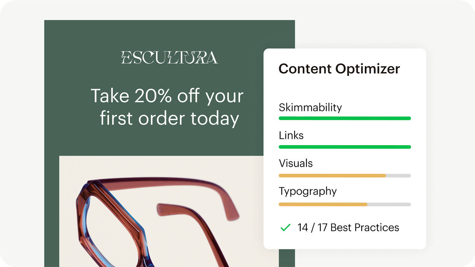 Image showing an abstract discount email interface from the fictitious brand Escultura, alongside floating Abstract User Interface of Mailchimp's Content Optimizer. The visual demonstrates how users can get personalized suggestions and recommendations to help improve email content.