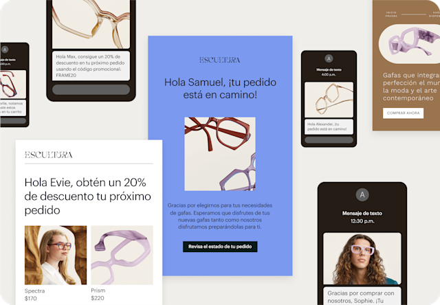 Imagen de varias interfaces abstractas de correos electrónicos y SMS de la marca ficticia Escultura. La representación visual muestra cómo las empresas pueden dar la bienvenida a nuevos contactos y recuperar carritos abandonados, con automatizaciones generadas por IA y correos electrónicos completamente diseñados.
