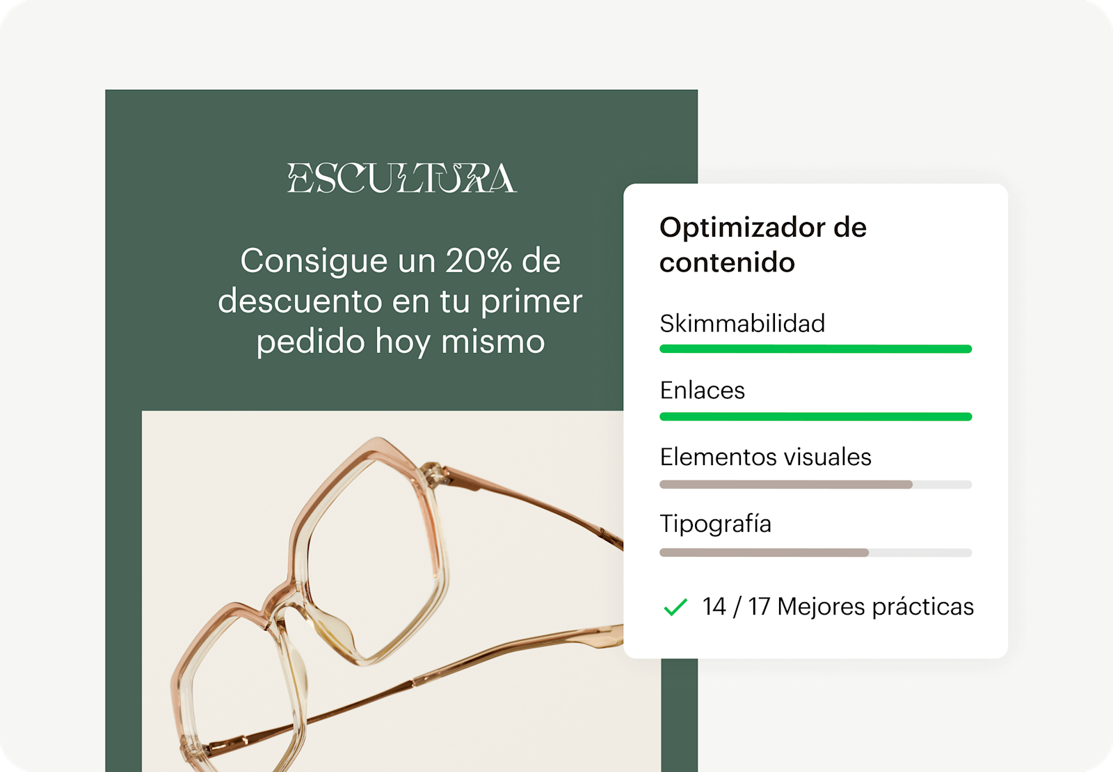 Imagen que muestra una interfaz de correo electrónico de descuento abstracta de la marca ficticia Escultura, junto con una interfaz de usuario abstracta flotante del Optimizador de Contenido de Mailchimp. El gráfico muestra cómo los usuarios pueden incrementar la interacción con recomendaciones basadas en datos.