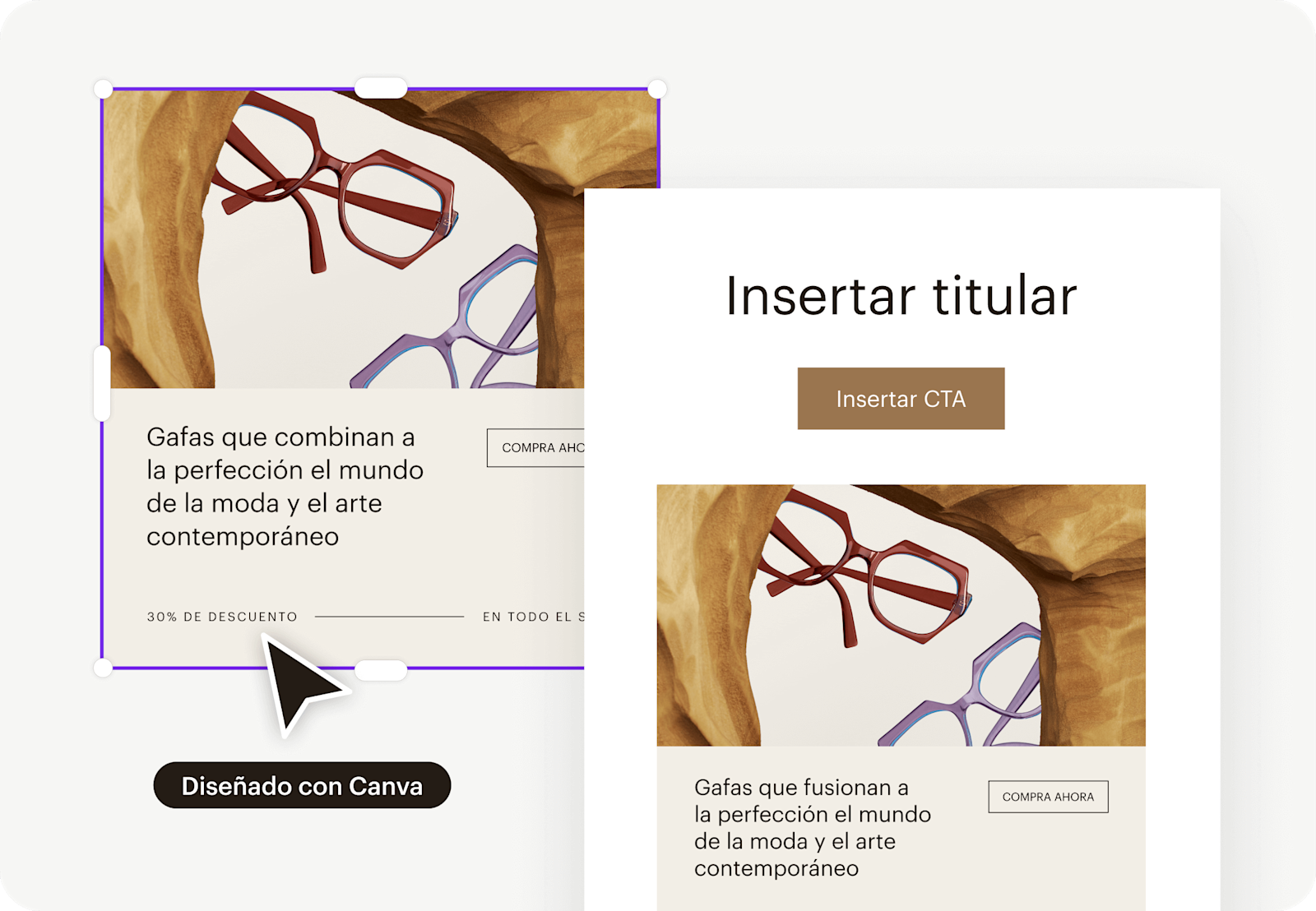 Imagen de una interfaz gráfica abstracta de Canva, donde el gráfico se está importando activamente a un diseño de campaña de correo electrónico. La visualización muestra cómo los usuarios pueden utilizar diversas integraciones creativas, como Canva y Shutterstock.