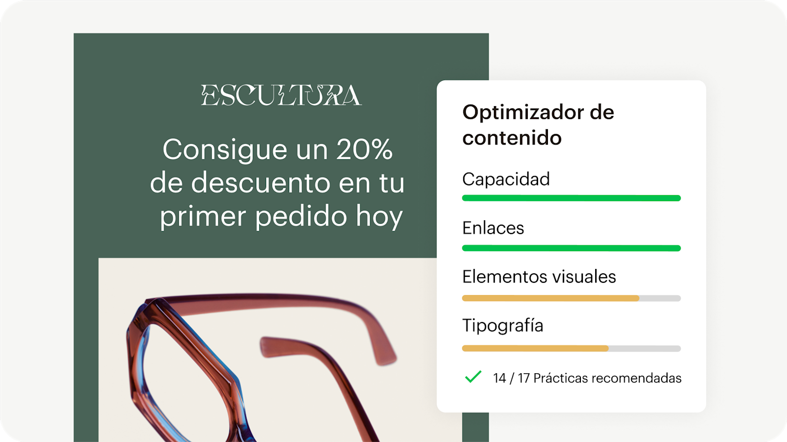 La interfaz del optimizador de contenido incluye recomendaciones para la legibilidad, enlaces, imágenes y tipografía.