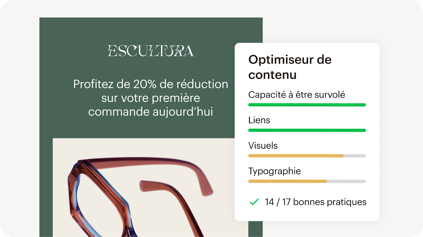 L'interface de l'optimiseur de contenu comprend des recommandations en matière de lisibilité, de liens, de visuels et de typographie