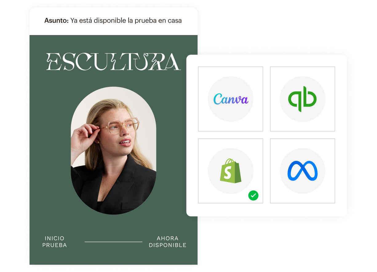 Persona con gafas de montura naranja sobre un fondo rosa, con el texto "Elementary Eyewear" y logotipos de Woo, Magento, BigCommerce y Vimeo.